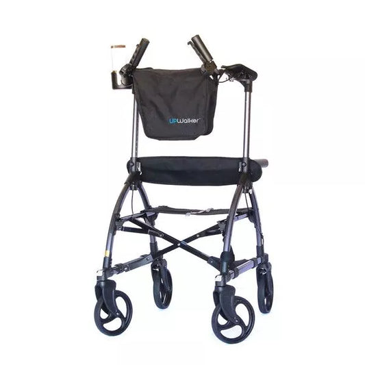 The Journey Health & Life Style UpWalker H200 Standard Large is a black rollator with four multi-terrain wheels, dual armrests, a padded seat, and a front storage pouch—made to support users with mobility challenges.