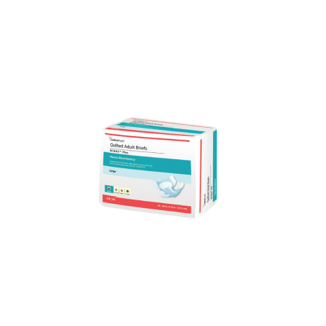 A box of McKesson's Wings PLUS Quilted Adult Briefs, featuring super absorbency in size large. The white packaging is accented with teal and red, highlighting incontinence brief details.