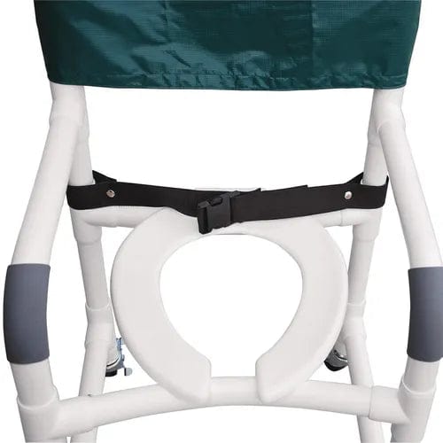 Introducing the Direct Choice™ Shower Chair by Direct Supply, featuring a white portable commode with a vibrant green backrest. It includes a detachable toilet seat and is equipped with the Direct Choice™ Replacement Safety Belt to ensure security. The gray armrests further enhance stability, providing safer bathing and toileting experiences for users.
