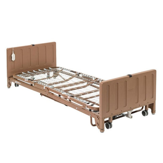 Introducing the Drive Medical Full Electric Low Height Bed: This hospital bed frame, equipped with caster wheels, features a rich brown headboard and footboard. It offers full electric operation with an attached remote control for convenience. The zinc-coated spring deck, visible in the absence of a mattress, ensures both durability and easy cleaning.