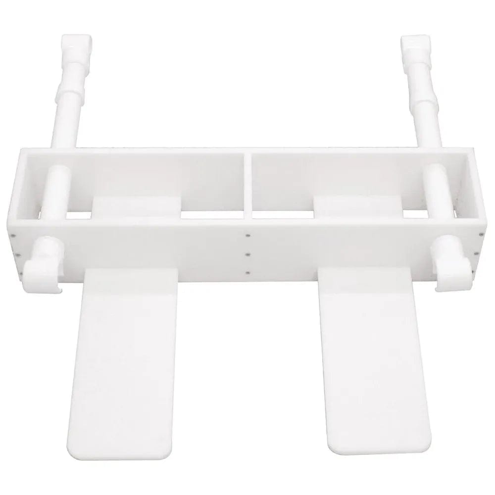 The Direct Choice™ Premium Sliding Footrest by Direct Supply, designed for 700 lb. shower chairs, features two adjustable support arms and flat panels for organizing and separating items on a shelf, offering versatile storage customization with a footrest-like convenience.