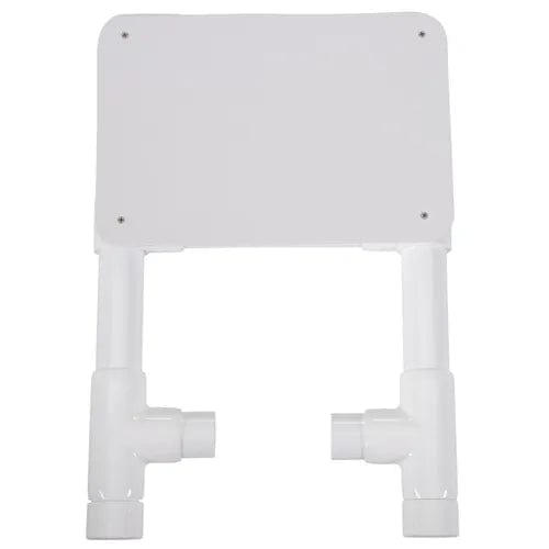 The Direct Supply Sliding Footrest shower chair is a foldable, wall-mounted, white seat made of sturdy plastic. It has a rectangular surface supported by two metal legs for stability and offers customization options with accessories for enhanced comfort.