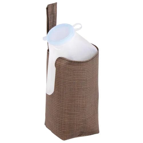 Introducing the Direct Supply Male Urinal Pouch in Mesh, Serra Sands Tweed. This brown, rectangular fabric holder features an open top and comes with a frosted plastic container topped with a blue lid. Designed for versatility, it includes a looped handle for easy carrying.