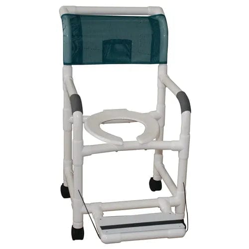 Introducing the Direct Supply Direct Choice™ Replacement Folding Footrest, a comfortable white PVC shower commode chair featuring a teal mesh backrest, supportive armrests, and a cut-out seat. Designed for easy mobility with wheels and foot dragging prevention.