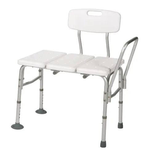The Direct Supply Shower Transfer Bench, measuring 16 inches in height, 28 inches in width, and 19 inches in depth, boasts a sturdy metal frame with four suction-cup feet for enhanced stability. It includes a removable seat back with a convenient cutout handle. The wide seat is divided into three sections to ensure excellent support for wheelchair transfers during bathing.