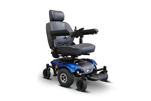 The EW-M48 Blue Power Wheelchair by E-Wheels features a striking blue frame, a deluxe captain seat with a black cushioned backrest, armrests, footrests, and a right-side joystick. Its efficient design includes two larger rear wheels and two smaller front ones for smooth mobility.