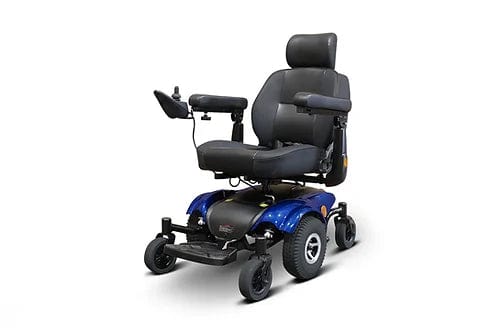 The E-Wheels EW-M48 Blue Power Wheelchair features a deluxe captain seat, padded backrest, headrest, armrests, left-side joystick control, and supports up to 300 lbs. It is finished in blue and black and shown on a white background.