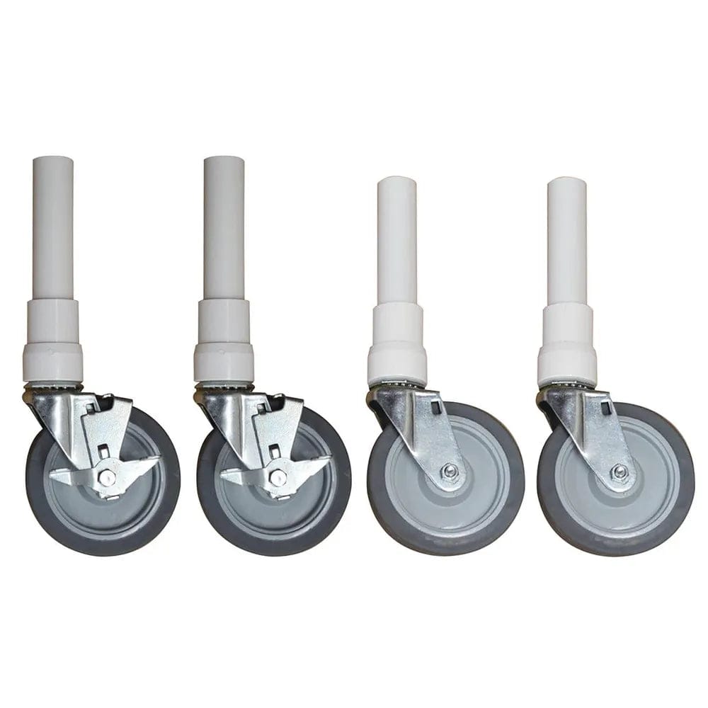 Four gray swivel casters with white stems are lined up, including two heavy-duty threaded casters with brakes. Designed for easy movement, they can be attached to furniture or equipment, making them a perfect choice for flexible and durable mobility solutions. (Direct Choice by Direct Supply).