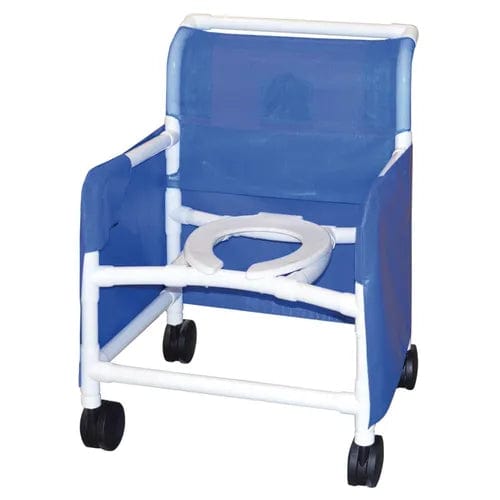 The Direct Choice Privacy Skirt for the 325 lb. Shower Chair by Direct Supply is a blue and white PVC chair with four black wheels, featuring an open seat for accessibility and a solid vinyl commode privacy cover.