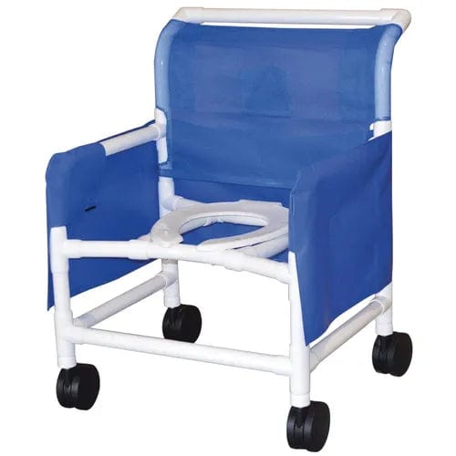 A Direct Supply blue shower commode chair with a white PVC frame and open seat design, equipped with armrests, a backrest, and four black caster wheels for easy mobility. Engineered for hassle-free cleaning, this product ensures functionality while providing comfort.