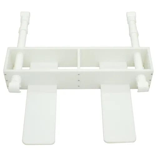 The Direct Supply Direct Choice™ Replacement Sliding Footrest, made of white plastic, includes two extendable sections and flat paddles to efficiently organize and separate items in your fridge, preventing the hassle of searching for your favorite snacks.