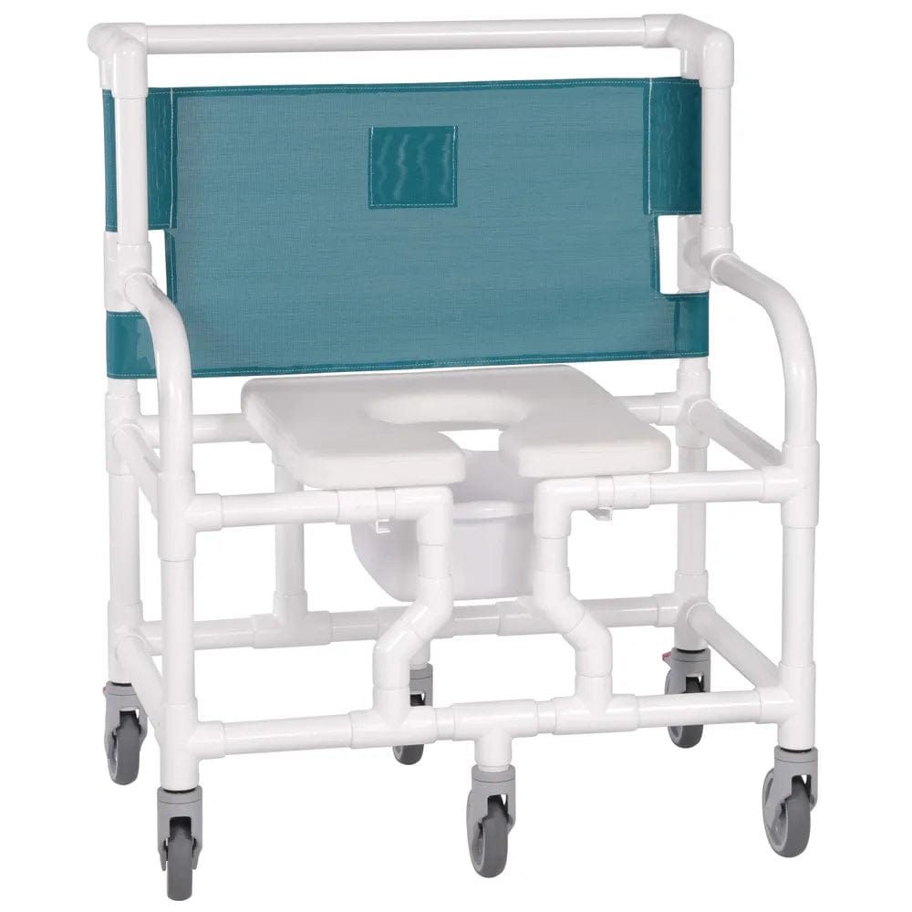 The Direct Supply Premium Bariatric Shower Chair with Commode features a teal fabric backrest and seat, a sturdy white PVC frame with a cut-out seat for improved hygiene, adjustable seat height, and four wheels for easy mobility. Ideal for medical or assisted living use, it supports up to 700 lbs.