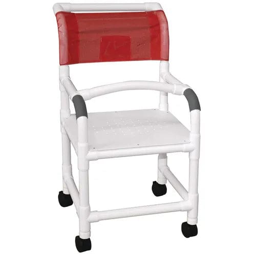 The Direct Supply shower chair, featuring a white PVC frame with a red mesh backrest, black casters, and grey armrest grips, is designed to provide enhanced mobility and support during bathing. It includes the Direct Choice™ Premium Lap Bar for 500 lb. Shower Chairs for added safety.