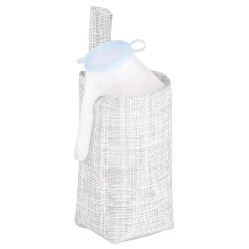 The Direct Supply Male Urinal Pouch features a translucent plastic urinal with a blue lid, partially placed inside a light gray textured mesh holster with a loop handle.