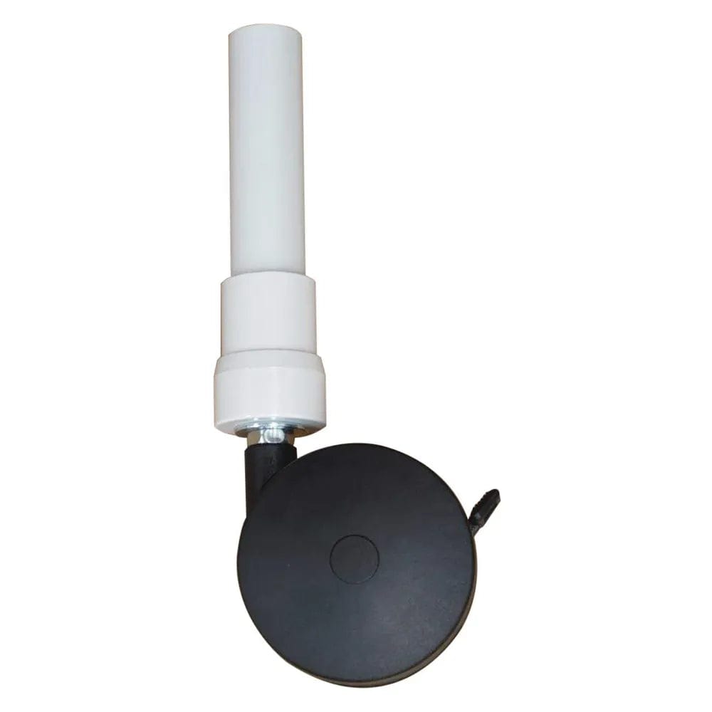 Introducing the Direct Supply's Direct Choice™ Replacement 4" Twin Nylon Threaded Stem Caster with Lock. This black caster is equipped with a white cylindrical top, perfect for enhancing mobility in furniture or equipment. It features a horizontally positioned wheel and a vertically oriented white section, ensuring stability thanks to its locking mechanism.