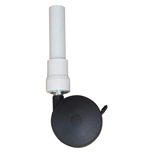 Introducing the Direct Supply's Direct Choice™ Replacement 4" Twin Nylon Threaded Stem Caster with Lock. This black caster is equipped with a white cylindrical top, perfect for enhancing mobility in furniture or equipment. It features a horizontally positioned wheel and a vertically oriented white section, ensuring stability thanks to its locking mechanism.