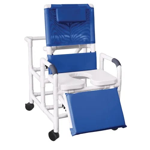 The Direct Choice™ Replacement Soft Seat by Direct Supply is ideal for professional use, featuring a blue and white PVC build, padded headrest and armrests, hygienic cut-out seat, four wheels for mobility, and a foldable footrest. Available exclusively at Direct Supply.