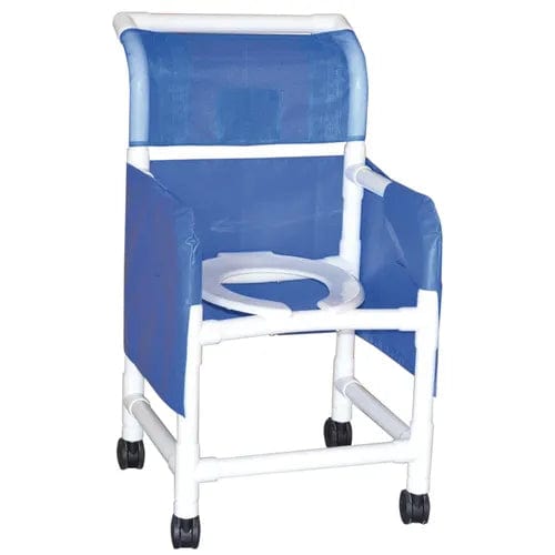 The Direct Choice™ Premium Privacy Skirt by Direct Supply showcases a robust white PVC frame paired with a comfortable blue vinyl seat. This shower commode chair is designed for easy cleaning and features an open seat design, armrests, a supportive high back, and four black wheels for seamless mobility.