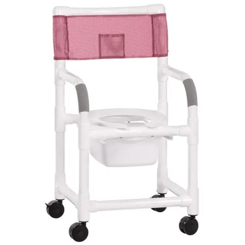 The Direct Supply Shower Chair Commode supports up to 300 lbs and features four black caster wheels, gray armrest grips, a removable seat panel, royal blue mesh backrest, and a container beneath the seat. Brand: Direct Supply.