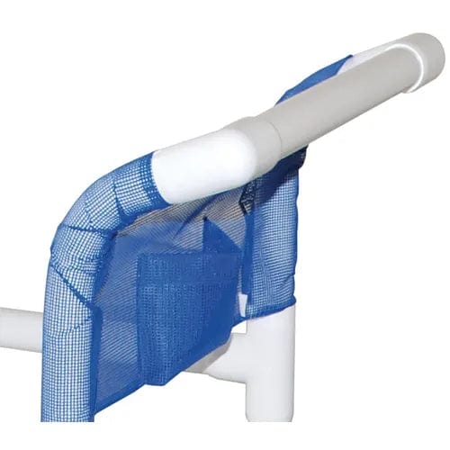 Close-up of a PVC pipe structure with a Direct Choice™ Forest Green Replacement Mesh Backrest attachment designed for the 300 lb. Shower Chair by Direct Supply. The mesh is fastened securely around the pipe, forming a corner with visible fittings, suggesting it is part of a larger assembled frame or structure intended for safer bathing.