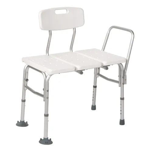 The Direct Supply Shower Transfer Bench features a white adjustable design with a sturdy metal frame and legs, making it ideal for wheelchair transfers. The removable seat back enhances convenience, and the non-slip rubber feet provide reliable stability. The bench measures 16 inches in height, 28 inches in width, and 19 inches in depth.