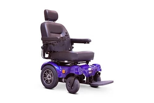 The E-Wheels EW-M51 Power Chair is a rear-wheel-drive wheelchair with a padded reclining captain’s chair, headrest, armrests, footrest, four large wheels, and features a blue frame with black cushions and components.