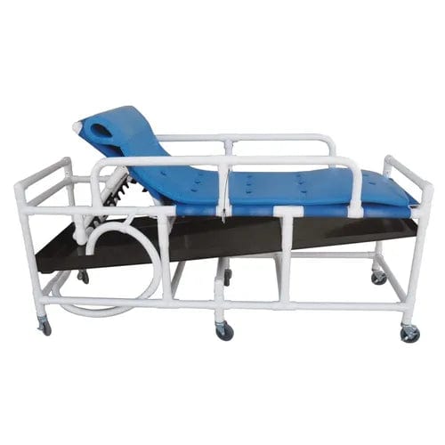 The Direct Supply Direct Choice™ 450 lb. Shower Gurney is equipped with a blue cushioned mattress and an adjustable backrest. It features a durable white metal frame with side rails and wheels for easy mobility. Beneath the mattress, there's a black rectangular tray that serves as the Direct Choice™ Replacement Drain Pan, highlighting its versatile design.