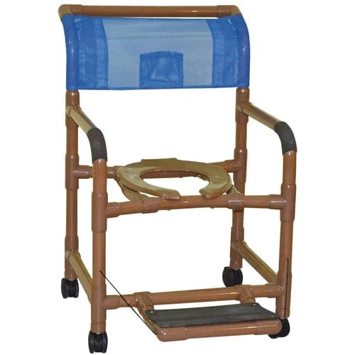 The Direct Supply Direct Choice™ Replacement Folding Footrest features a brown PVC frame and a blue mesh backrest. It includes an open seat, footrest, and small wheels for easy transport. Designed with a sturdy weight capacity, it provides reliable support and comes with a warranty for added peace of mind.
