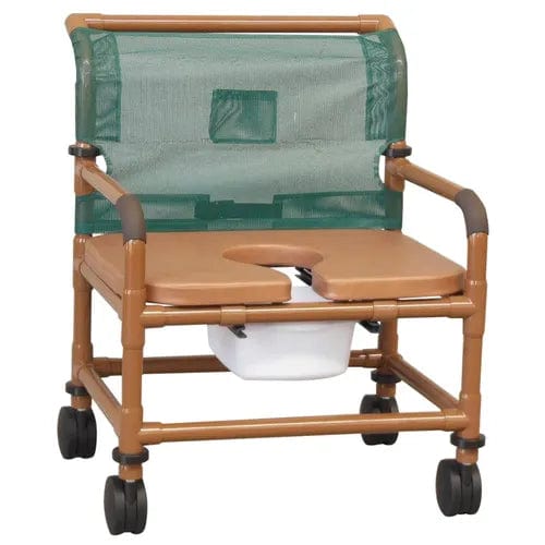 Introducing the Direct Supply Direct Choice™ Replacement Soft Seat, crafted with a robust brown PVC frame and a green mesh backrest. This 500lb bariatric shower chair includes a padded seat with a convenient cutout and removable basin, complemented by four black caster wheels for effortless mobility. Enjoy peace of mind with our warranty on this reinforced shower chair.