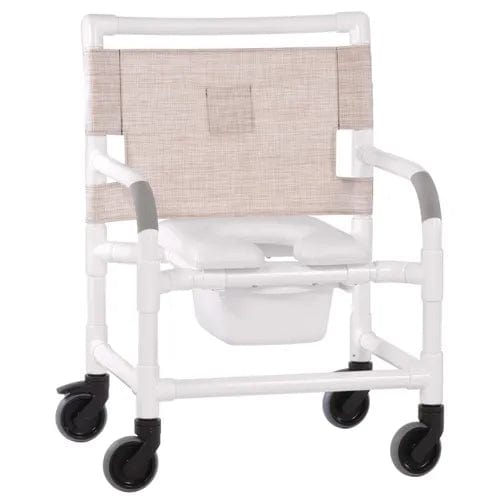 The Direct Supply Premium Wide Shower Chair by Direct Supply features a white PVC frame, large black wheels, fabric backrest, armrests, linen mesh upholstery for comfort, and a removable commode bucket. Supports up to 500lb.