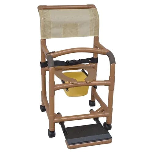 The Direct Supply Direct Choice™ Shower Chair, available in beige and brown PVC, includes a backrest, safety belt, and an attached commode. It features wheels and the sturdy Direct Choice™ Replacement Sliding Footrest for enhanced accessibility, providing reliable bathroom safety with a strong weight capacity. A warranty is included for peace of mind with your purchase.