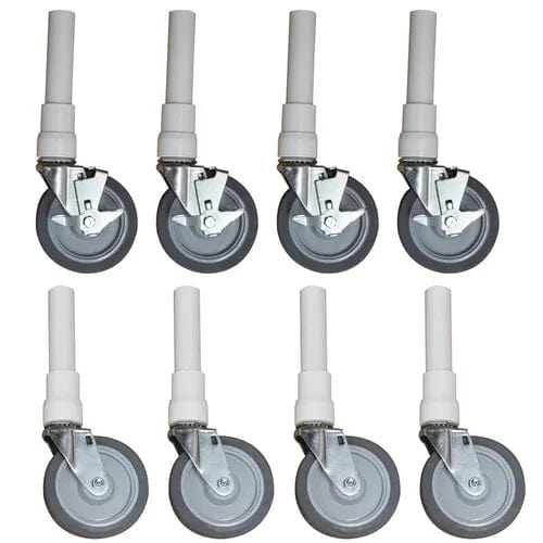 The image features a set of eight Direct Choice™ Replacement Heavy-Duty Threaded Casters by Direct Supply, arranged in two rows of four. Each gray caster includes a white vertical stem and metal bracket, complete with a wheel lock mechanism. The background is white.