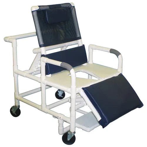 The Direct Choice Replacement Mesh Back from Direct Supply is a bariatric reclining shower chair constructed from white PVC piping, featuring a royal blue cushioned seat and backrest. It is designed with four black wheels and a footrest to offer comfort and improved accessibility.