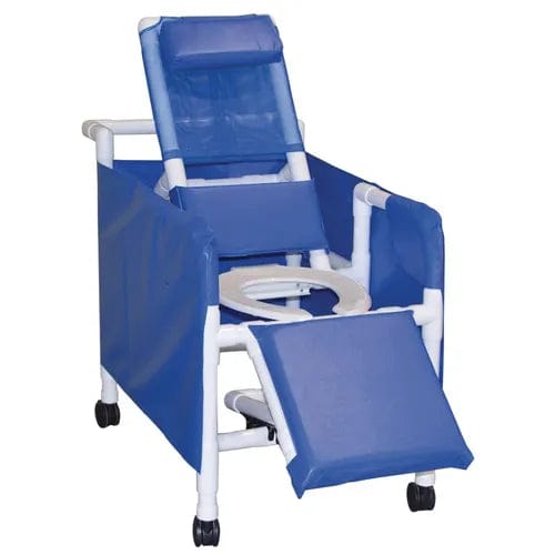 The Direct Supply Direct Choice™ Replacement Privacy Skirt Reclining Shower Chair boasts a blue padded seat, adjustable backrest, and footrest. Designed for effortless cleaning, it features a white frame and caster wheels for enhanced mobility.