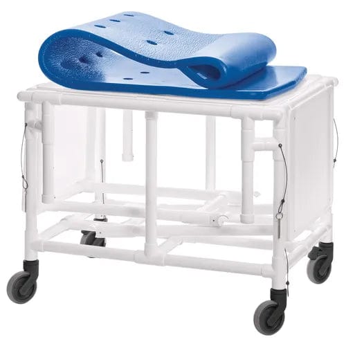 Introducing the Direct Supply Manual Shower Bed, a versatile personal care product featuring a fold-down deck and a 300lb weight capacity. It comes in white with four locking casters for easy mobility. The shower bed includes a blue, removable seat cushion made from water-resistant foam and is constructed with durable PVC pipes for excellent support and longevity.