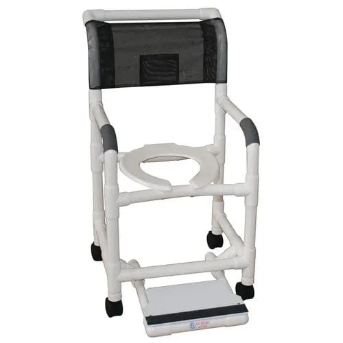The Direct Choice™ white rolling shower chair by Direct Supply offers a comfortable bathing experience with a black mesh backrest, armrests, commode-style seat, small wheels for mobility, and a conveniently attached Premium Sliding Footrest at the bottom front, supporting up to 700 lbs.