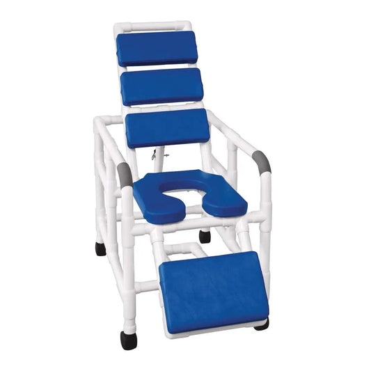 Introducing the Direct Supply Shower Chair with a durable white frame and a blue cushioned seat, backrest, and footrest. Built for comfort, its sturdy plastic tubing and wheels allow easy movement, while the U-shaped opening enhances access for a seamless shower experience.