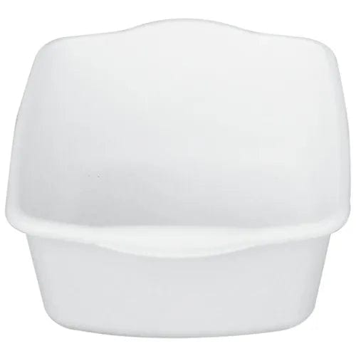 The Direct Choice™ Replacement 10-Quart Square Commode Pail and Rails by Direct Supply is a white plastic basin with rounded edges and a slightly curved top. Ideal for household use, such as washing or storage, it ensures safer and more comfortable bathing for residents. The basin is designed with a simple, smooth surface.