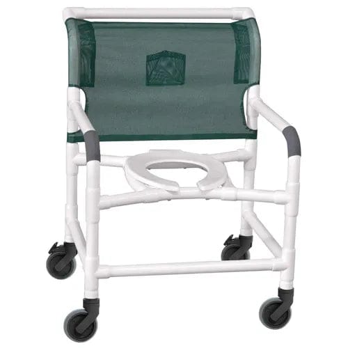 Introducing the Direct Supply Wide Shower Chair, designed for a 500 lb. capacity. This white PVC rolling chair features armrests and black rubber wheels, complemented by a green mesh backrest and an open seat that accommodates a removable commode bucket.