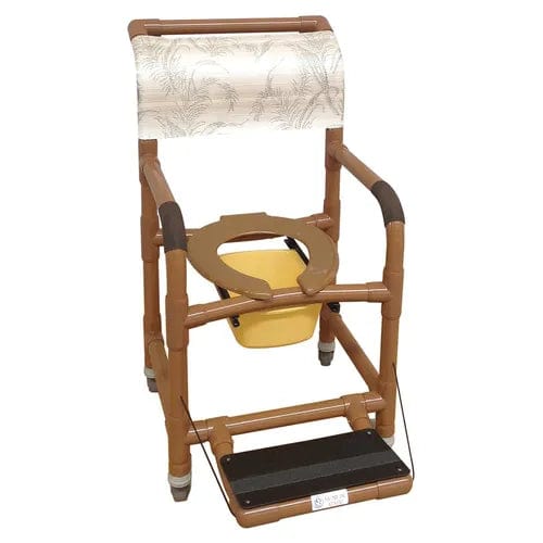 Introducing the Direct Supply Direct Choice™ Shower Chair, designed with a patterned backrest and a durable brown frame. This chair, supporting up to 300lb weight capacity, features armrests for comfort and security, a removable yellow commode pan for convenience, adjustable legs for customization, and includes the Replacement Folding Footrest to enhance accessibility for elderly or disabled users.
