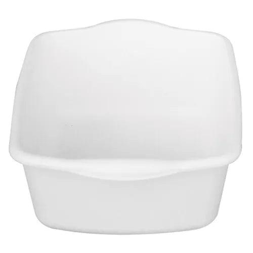 Discover the sleek design of the white, rectangular plastic sink with rounded edges and a subtly curved top. Its smooth, fixture-free surface perfectly complements Direct Supply products like the Choice Replacement 10-Quart Square Commode Pail with Slide-On Rails. This modern addition seamlessly fits into contemporary spaces and pairs effortlessly with various accessories while being backed by a 1-year warranty for added reassurance.