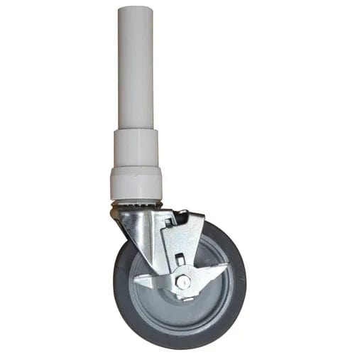 The Direct Supply Direct Choice Replacement Heavy-Duty Threaded Caster with Lock features a gray rubber wheel and white plastic stem, ideal as a replacement caster. Its sturdy metal bracket includes a lever for securely locking the wheel in place.