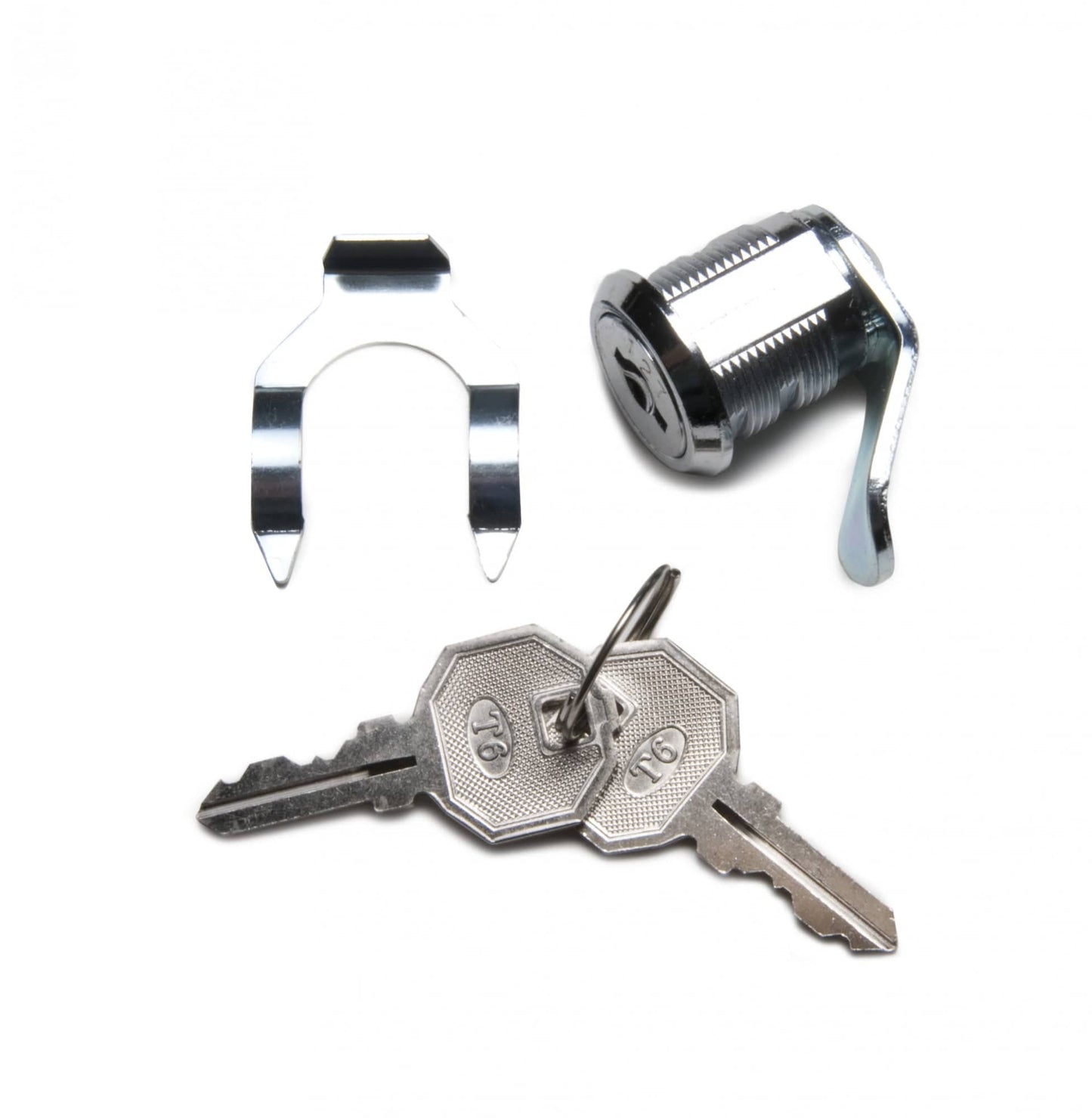 A cam lock set with a metal clip and two silver keys on a keyring, shown on a white background—perfect for securing your Graham Field Physician Mechanical Beam Scale with Wheels (490 lb capacity).