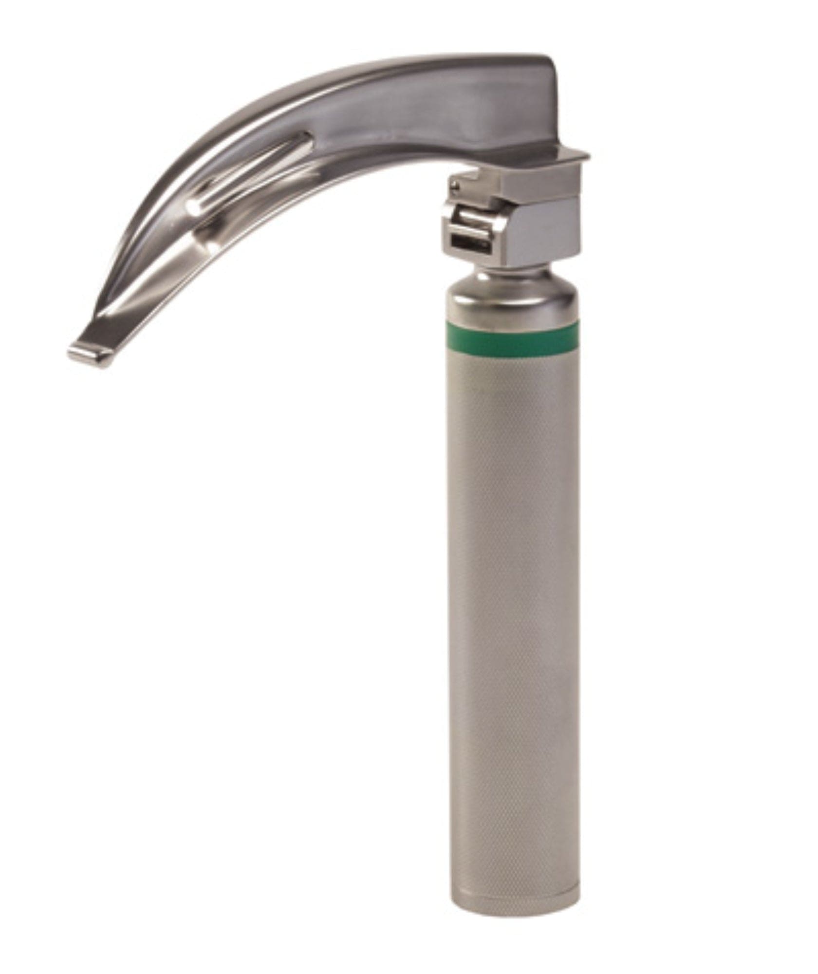 The Graham Field Grafco Laryngoscope Set includes a durable stainless steel instrument with a curved blade, textured handle, and C battery handle featuring a green band. Ideal for medical examinations or intubations, it comes isolated on a white background with a handy carry case.