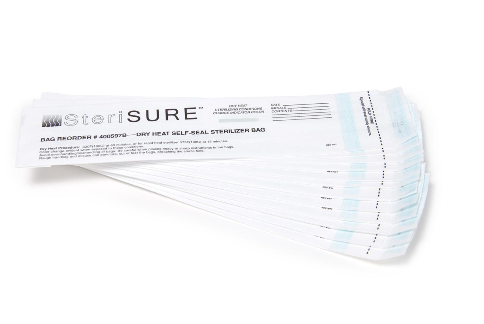 A collection of SteriSURE self-seal sterilizer bags, designed for the effective sterilization of sharp instruments and medical tools, is displayed fanned out on a white background. These white maintenance-free bags feature printed text and complement the Stainless Steel Dry Heat Sterilizer by Graham Field.