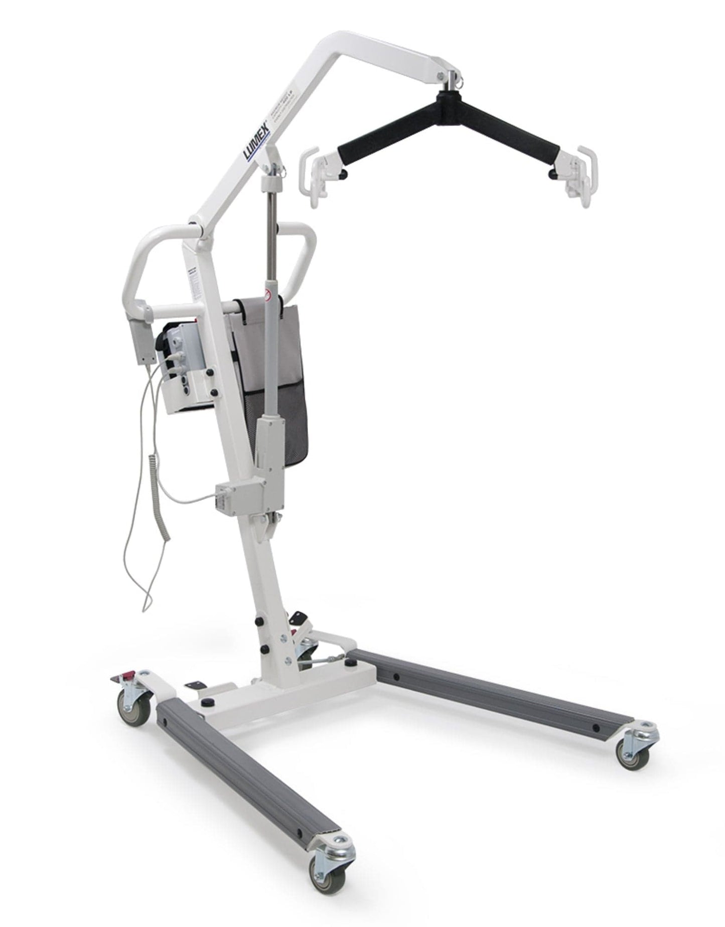 The Battery-Powered Floor Lifts by Graham Field boast a durable metal frame, a wide base with four wheels for stability, and a padded support arm. Engineered for seamless patient transfers, these lifts include an ergonomic hand pendant and a compact control box on the side for easy operation.