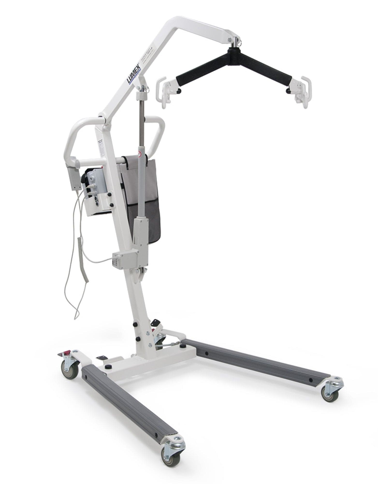 The Battery-Powered Floor Lifts by Graham Field boast a durable metal frame, a wide base with four wheels for stability, and a padded support arm. Engineered for seamless patient transfers, these lifts include an ergonomic hand pendant and a compact control box on the side for easy operation.