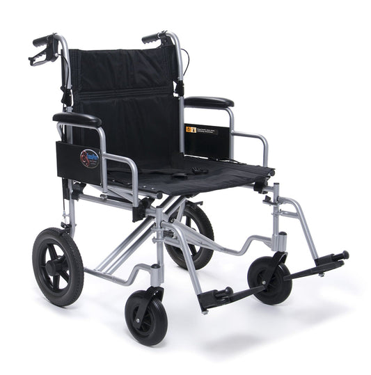 The Graham Field Bariatric Transport Chair is lightweight, foldable, and extra wide with a black seat, armrests, footrests, and supports up to 400 lbs. Large rear wheels and smaller front wheels ensure easy mobility and transport.