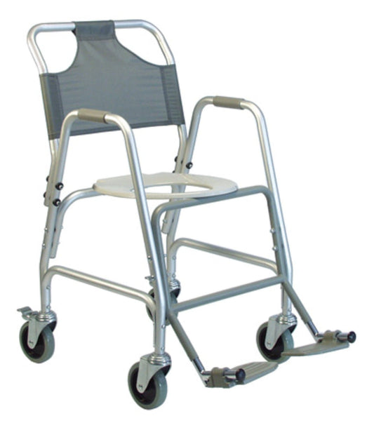 The Deluxe Shower Transport Chair with Footrests by Graham Field is a lightweight, silver-toned mobility aid featuring an aluminum frame, four wheels, and a gray mesh backrest. Equipped with armrests and footrests for added comfort, it includes a seat opening to facilitate hygiene, ensuring durability and ease of use.