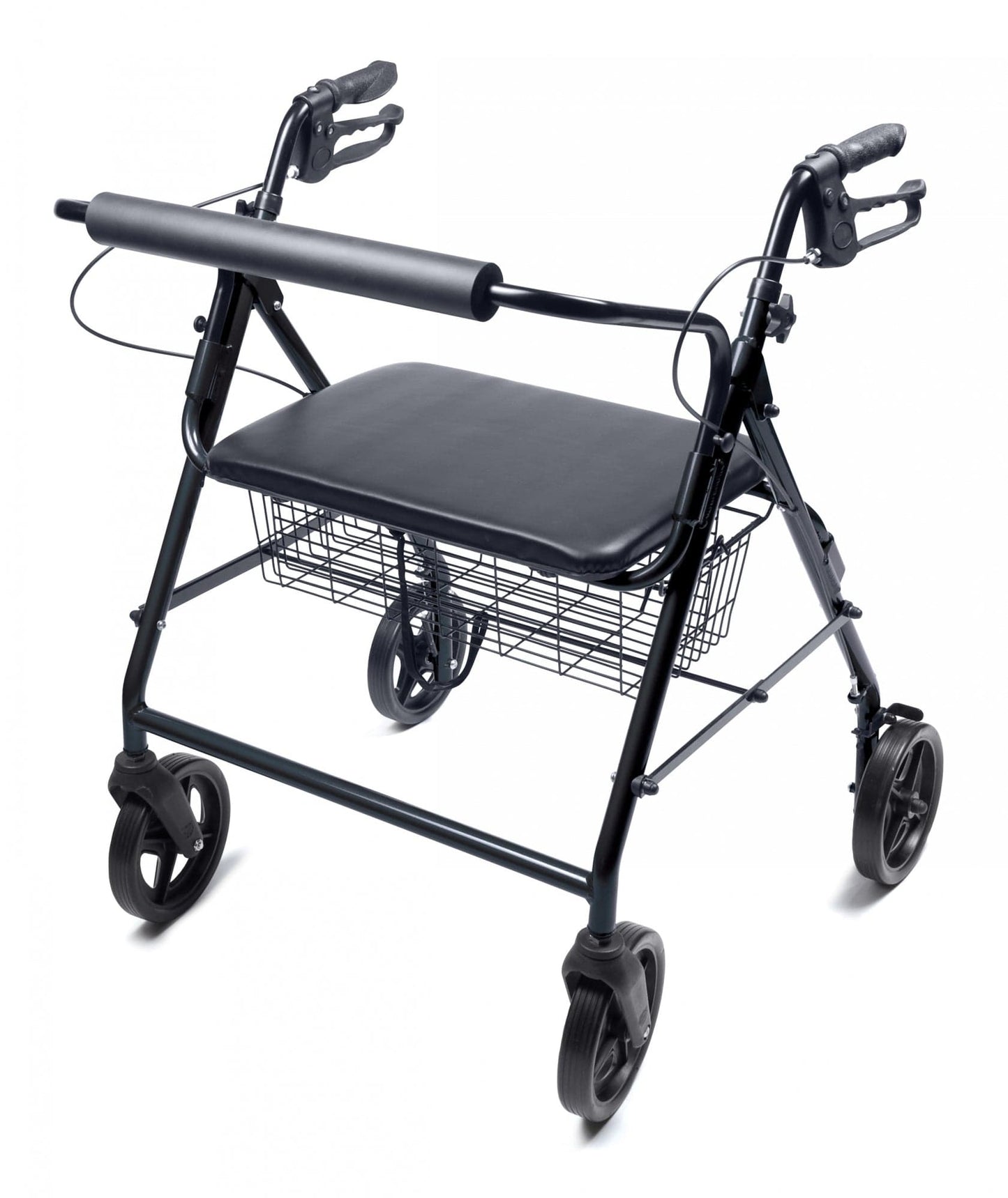 The Graham Field Walkabout Four-Wheel Imperial Rollator, shown on a white background, features a black lightweight frame, hand brakes, four wheels, a padded seat, and a wire basket underneath.